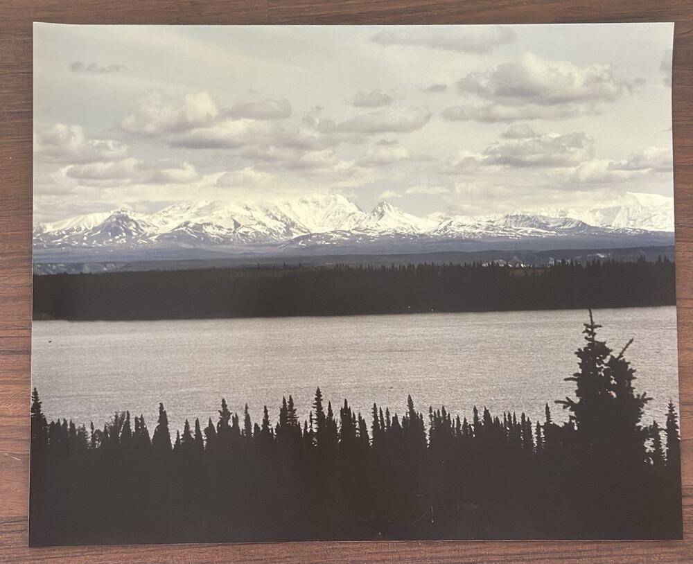 Vintage Large B&W Mountain Landscape Photograph Snowy Mountains Lake 21x17